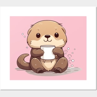 Cute Sea Otter drinking tea with a cute expression Posters and Art